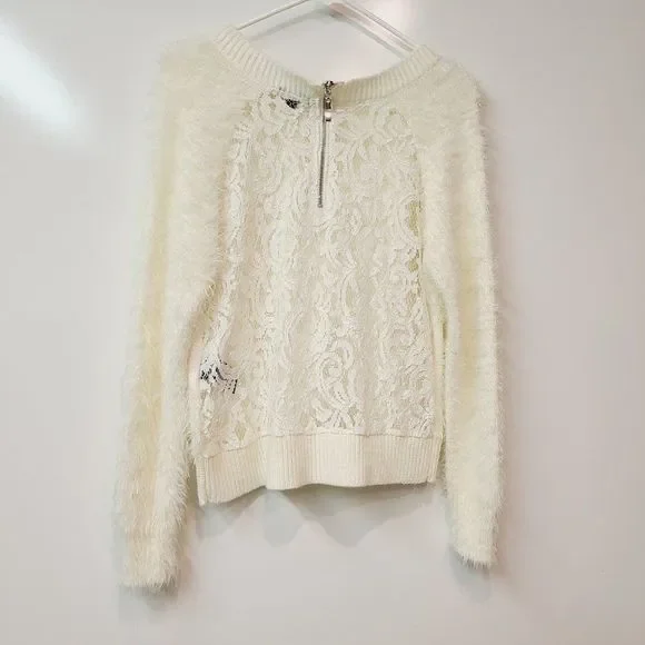 XOXO Sweater Lace Back Cream Fuzzy Soft Striped Womens Small - Picture 2 of 8